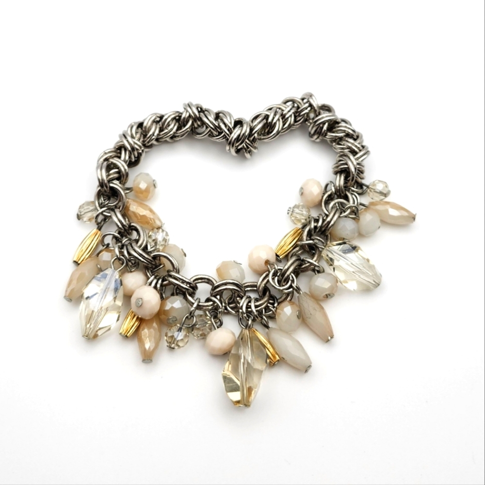 Silvertone Woven Chain Chunky Beaded Cluster Bracelet